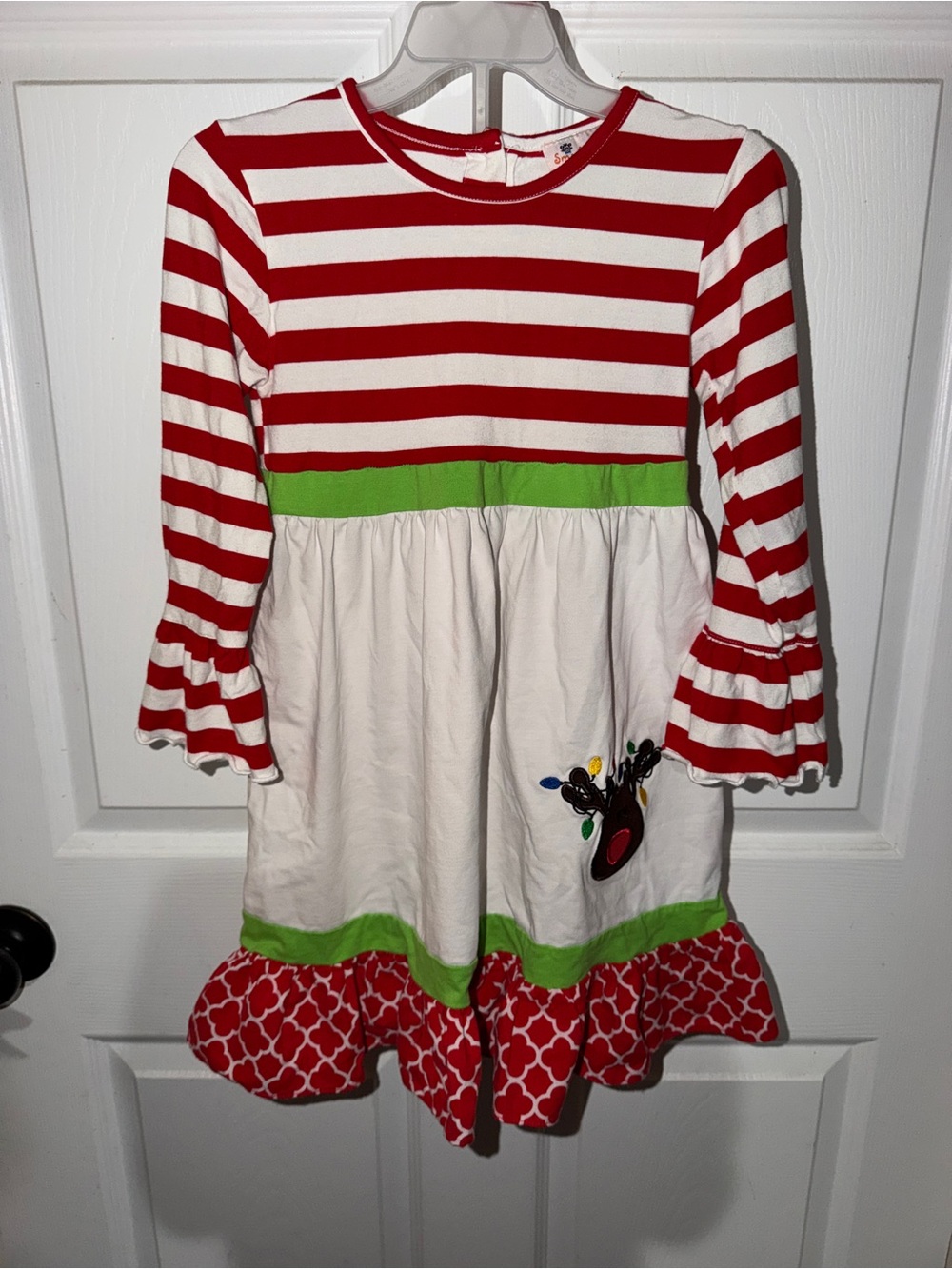 Girls Red & White Striped Holiday Dress with Green Accents
